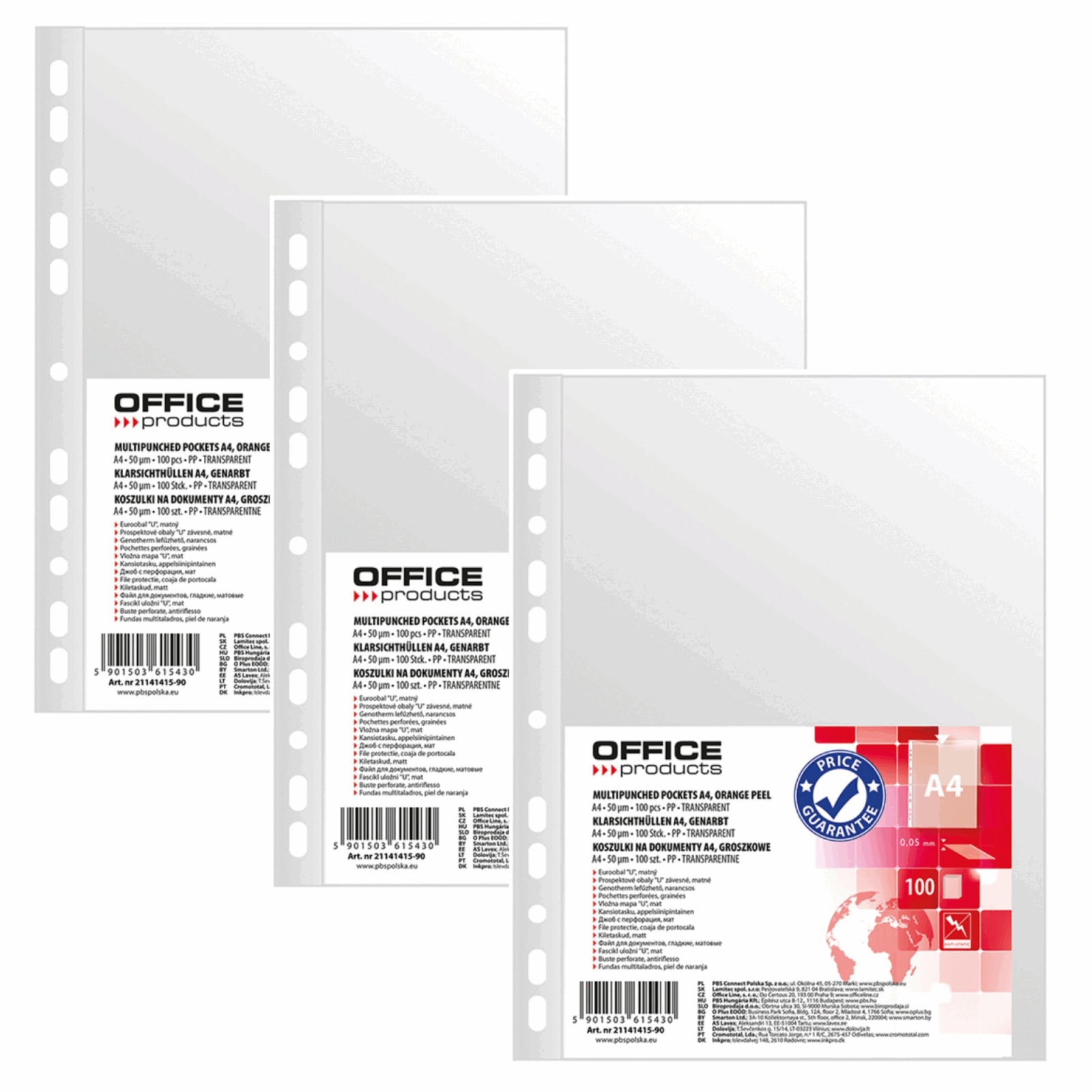 Koszulki na dokumenty OFFICE PRODUCTS, PP, A4, groszkowe, 50mikr., 100szt. x 3opk