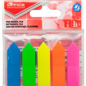 Zakładki indeksujące OFFICE PRODUCTS, strzałka, PP, 12x45mm, 5x25 kart., zawieszka, mix kolorów