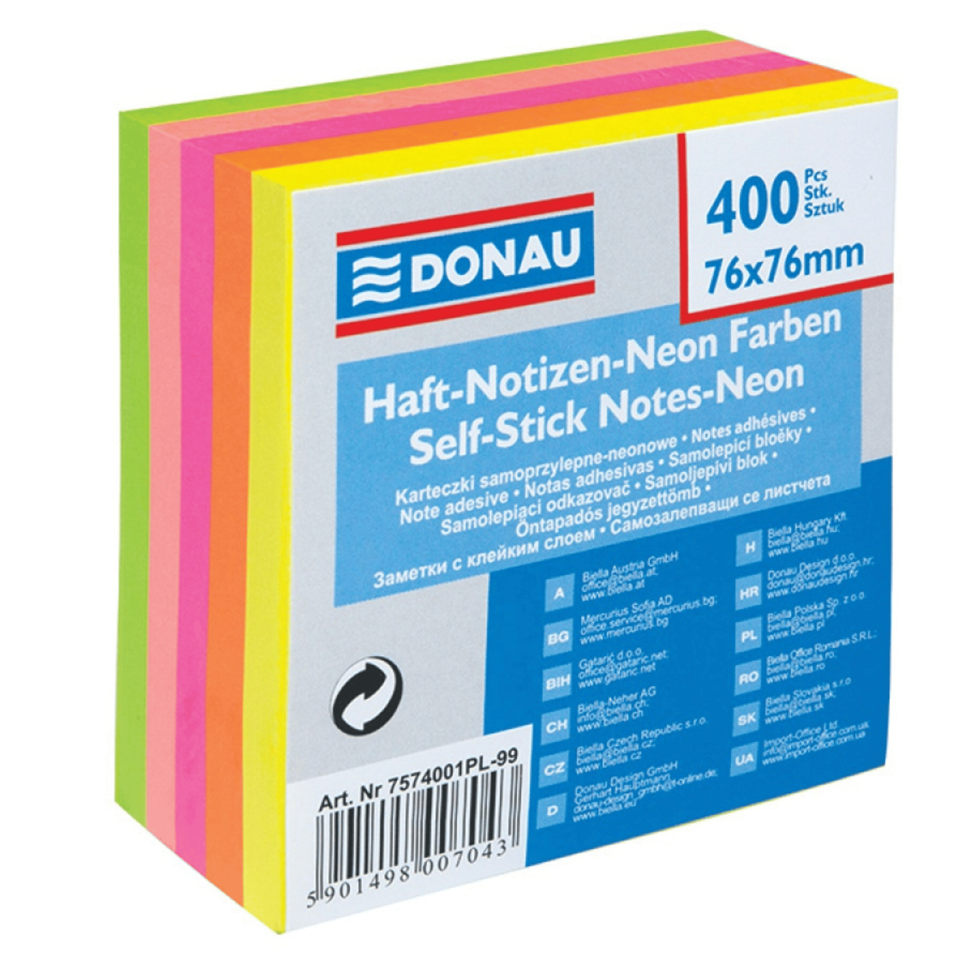 Kostka samoprzylepna DONAU, 76x76mm, 1x400 kart., neonowa