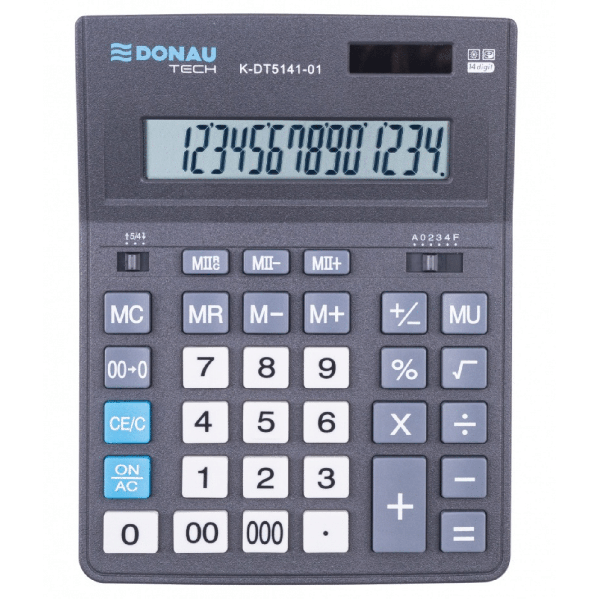 Kalkulator biurowy DONAU TECH OFFICE, 14-cyfr. wyświetlacz, wym. 201x155x35mm, czarny