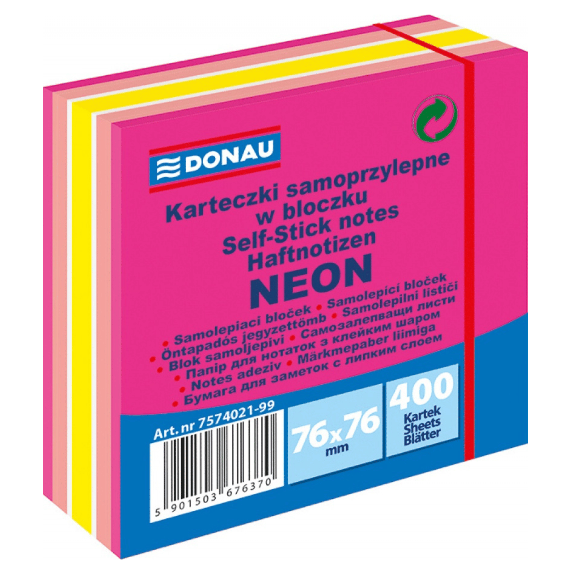 Kostka samoprzylepna DONAU, 76x76mm, 1x400 kart., neon-pastel, mix różowy