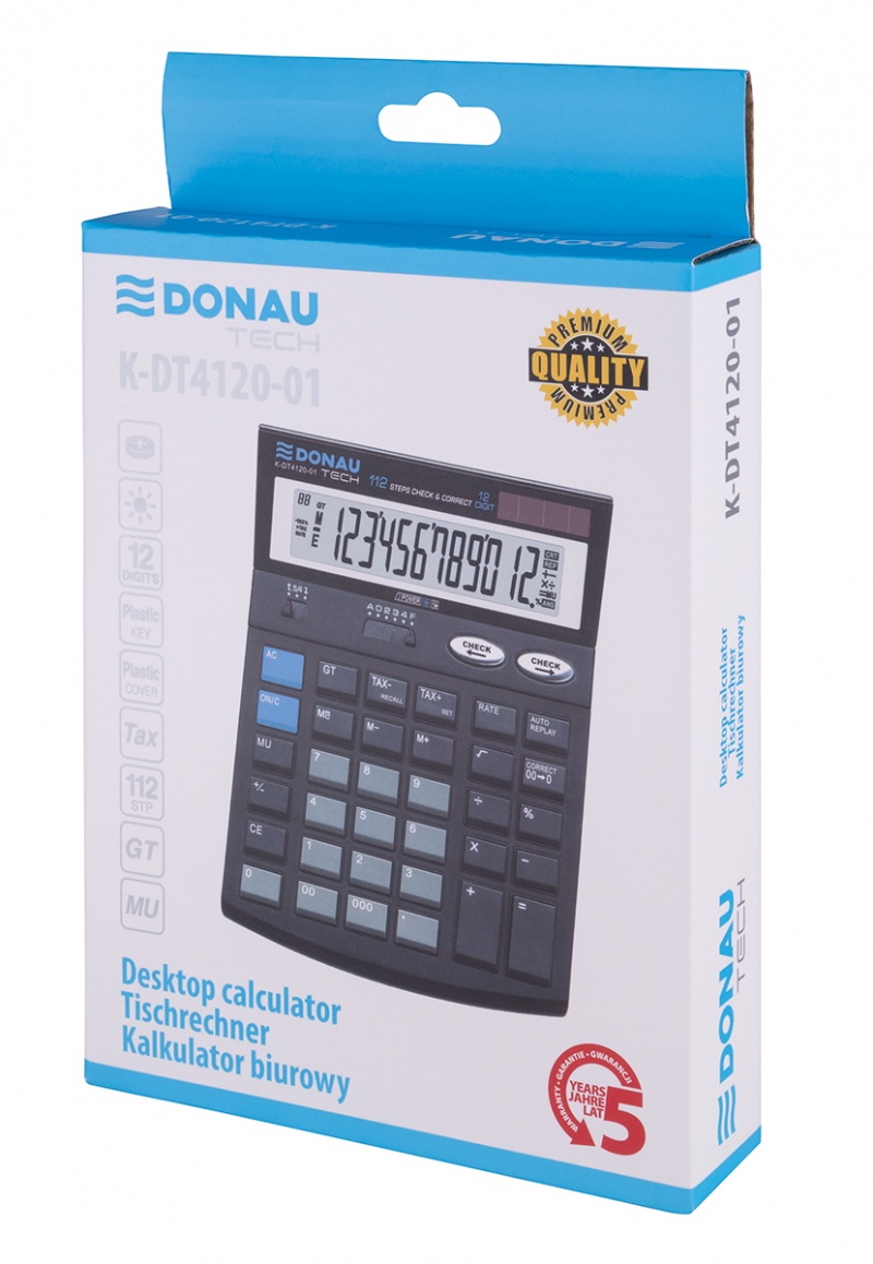 Kalkulator biurowy DONAU TECH, 12-cyfr. wyświetlacz, wym. 185x140x37 mm, czarny - obrazek 4