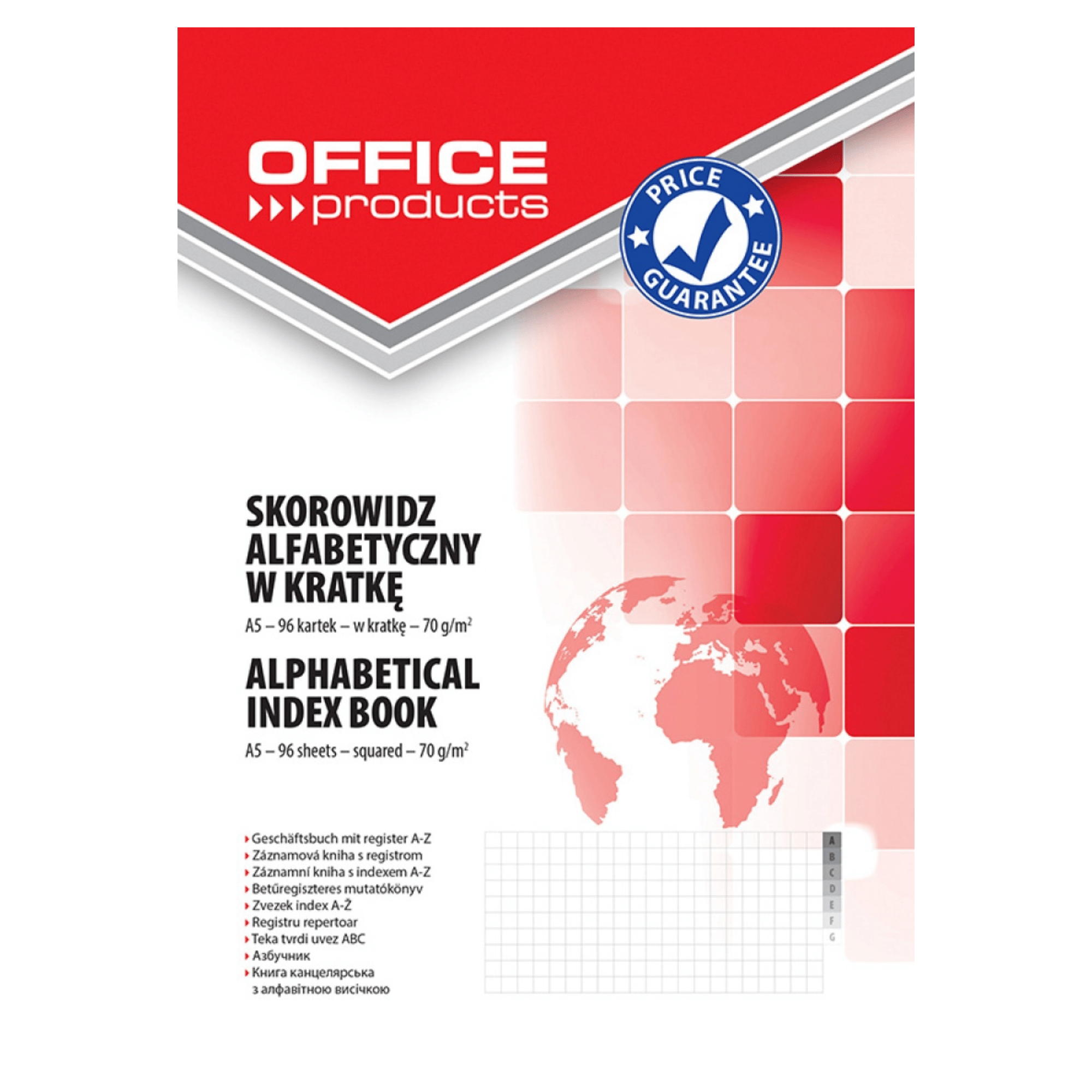 Skorowidz OFFICE PRODUCTS, A5, w kratkę, alfabetyczny, twarda okładka, 96 kart., 70gsm