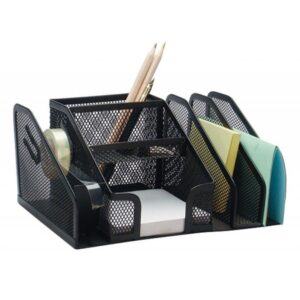 Przybornik na biurko Q-CONNECT Office Set, metalowy, 6 komór + dyspeneser do taśm, czarny