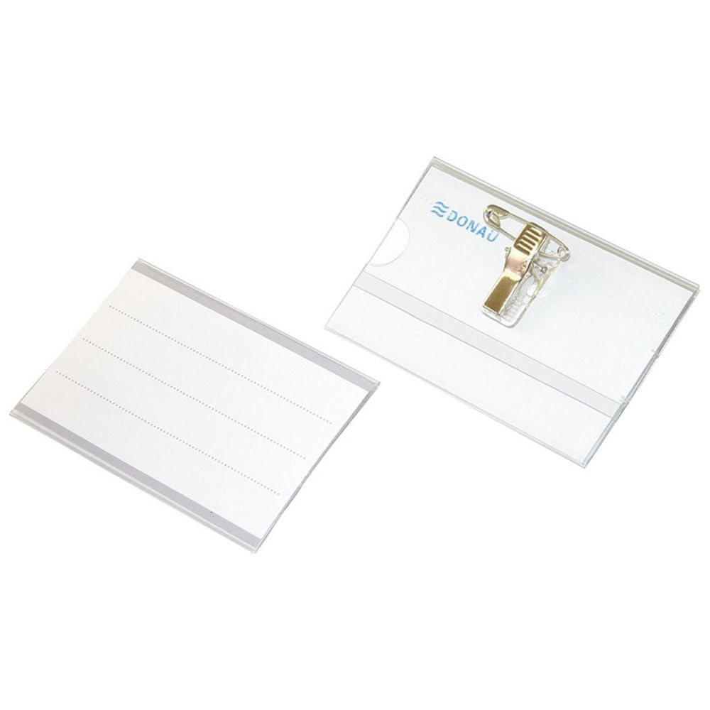 Identyfikator DONAU, z klipsem i agrafką, otwór z boku, transparentny