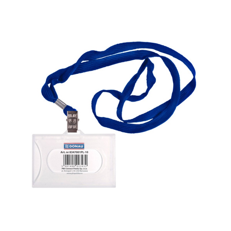 Identyfikator DONAU, z taśmą, twardy, niebieski