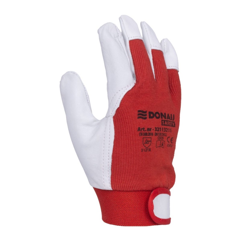 Rękawice robocze DONAU SAFETY DS-VELGOAT, skóra kozia, rzep, rozm. 8/M, biało-czerwone - obrazek 2